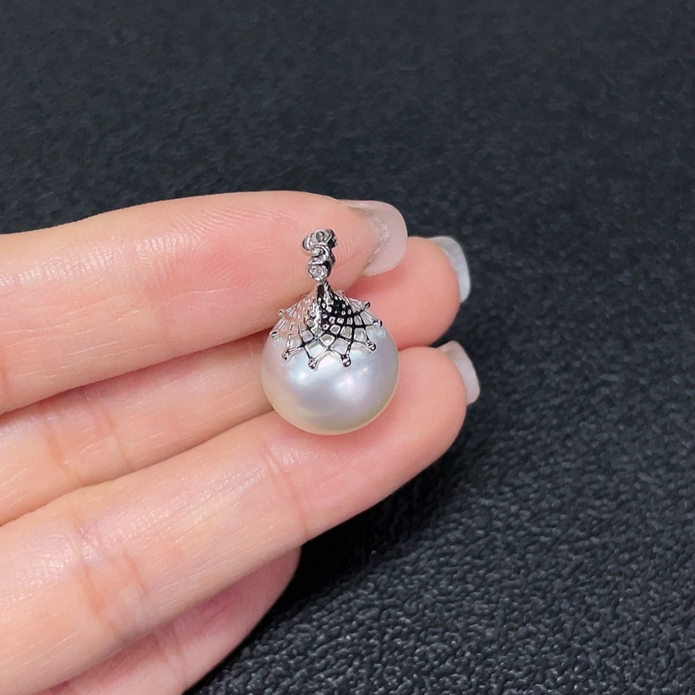 Seawater pearl pendant with diamond accents on 18K gold chain, 13.8mm pearl, elegant jewelry by HKHQ