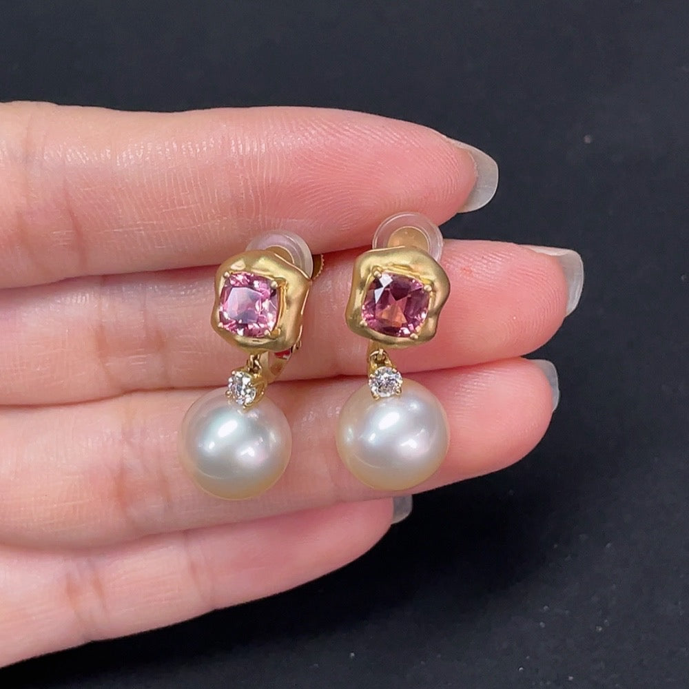 Saltwater Pearl Earrings with Diamond and Tourmaline Accents