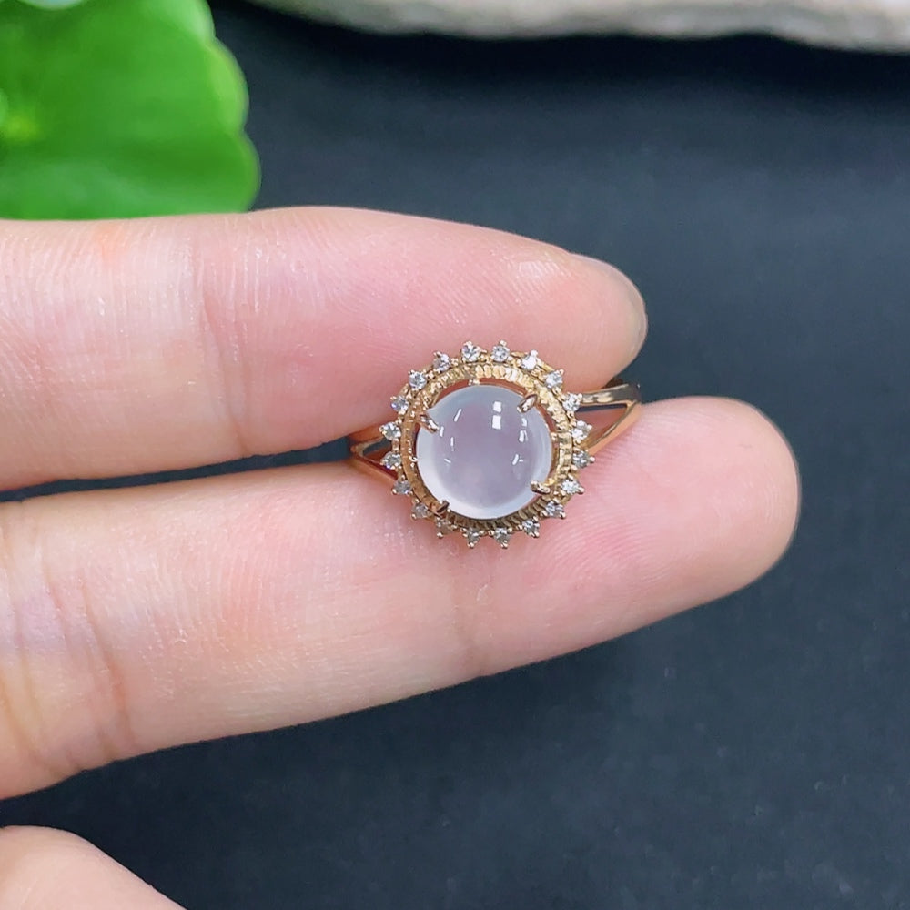 Jadeite cabochon ring by HKHQ with diamond accents, 18k gold band, size 14, showcasing a polished green jade gemstone.