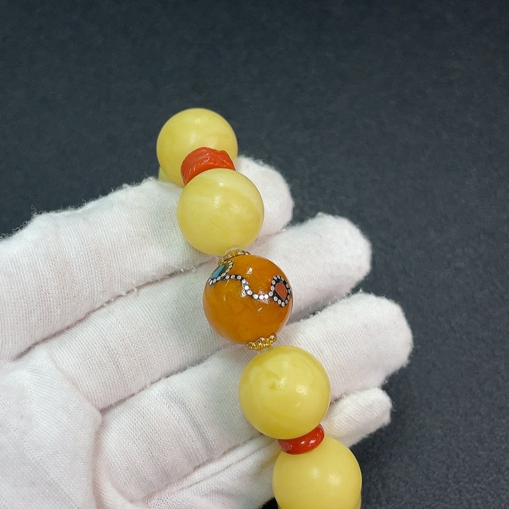 Amber Beeswax Bracelet, Approx. 16.4mm, Total Weight About 27.50g, Matched with Southern Red Agate