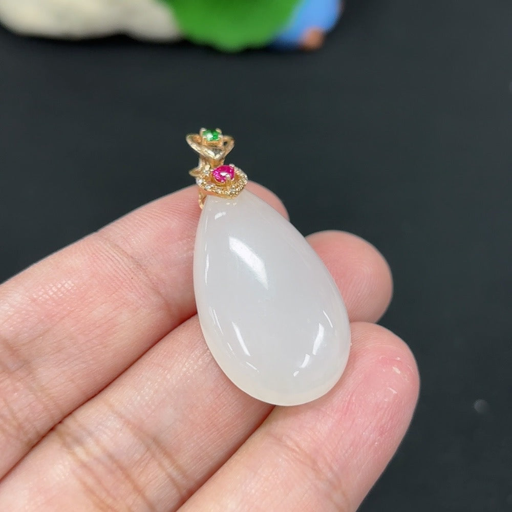 Hetian Jade Inlaid Pendant, Water Drop, 18K, Diamond Accents
