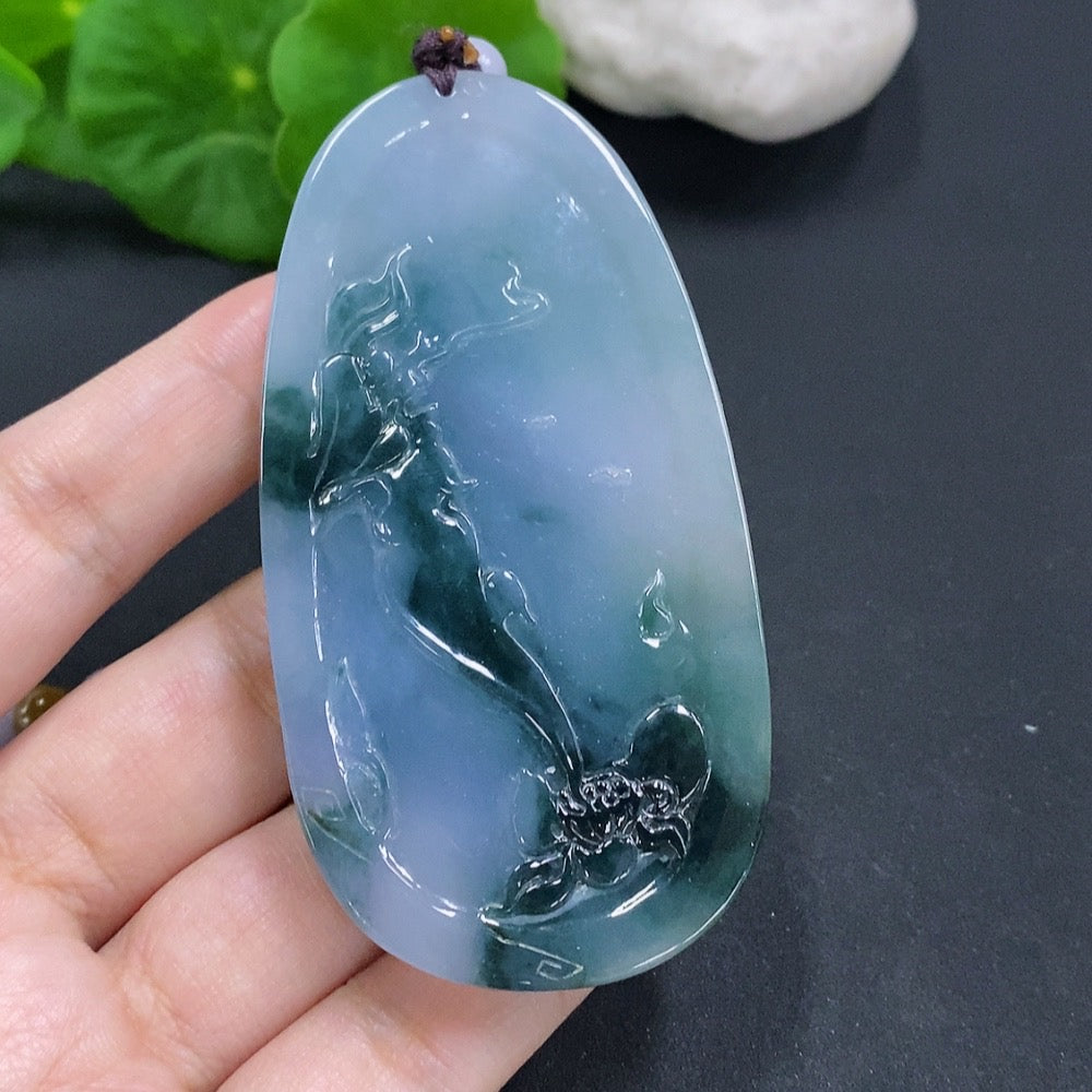Jadeite Imperial Dragon Guanyin Pendant with Chain, Total Weight Approx. 128.2g (Color Origin Undetermined)