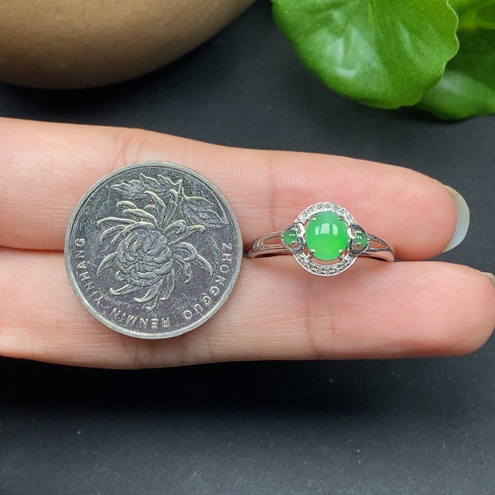 Jadeite inlaid ring with diamond accents, size 18, 18k gold, from HKHQ, showcasing intricate jade and diamond design.
