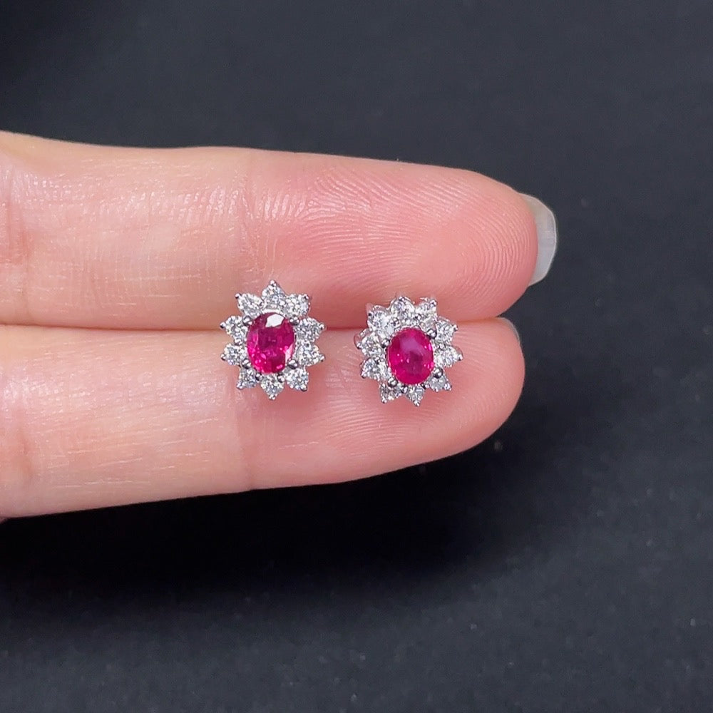 Ruby Stud Earrings, 18K Gold, Accented with Diamonds