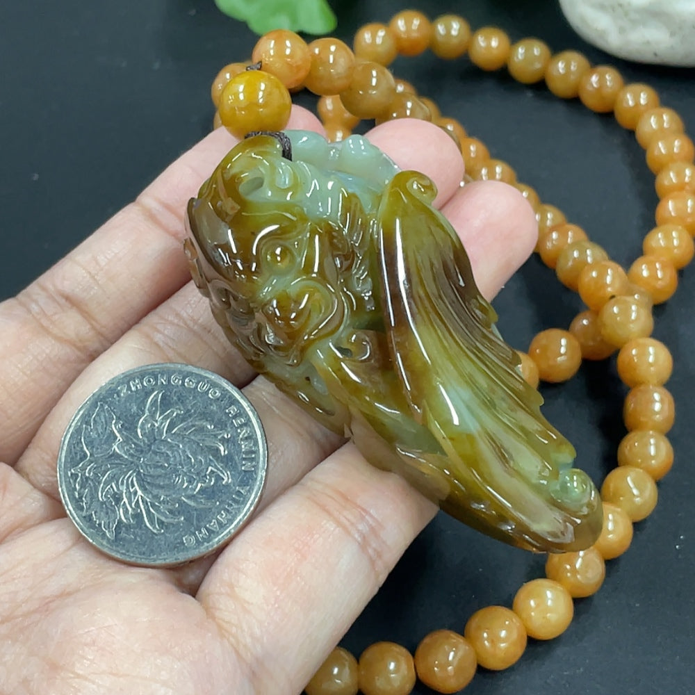 Jadeite Dragon Pendant + Bead Chain, approx. 7.4mm, total weight approx. 116.6g