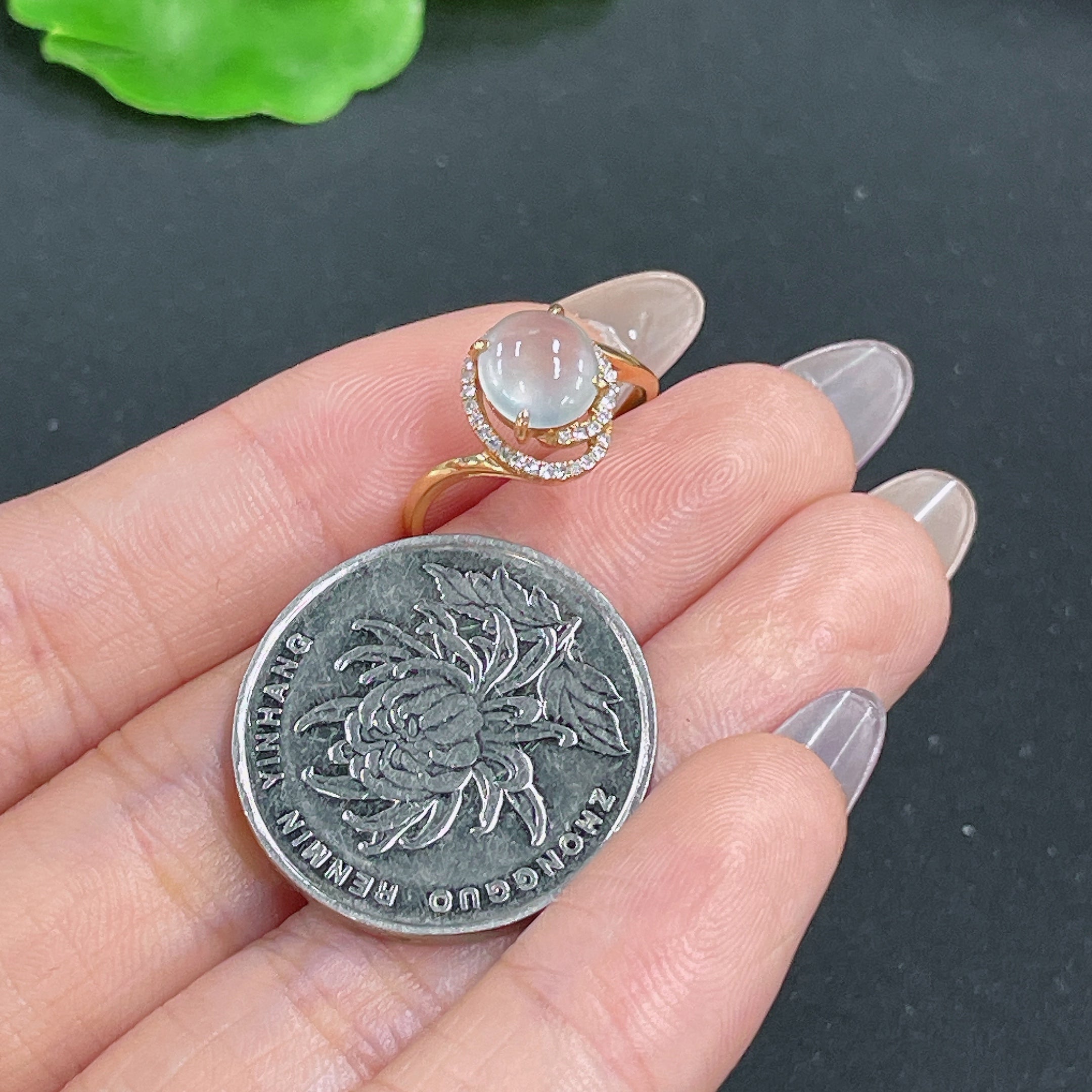 Jadeite Ring 18k Gold Setting with Diamond Accent, Total Weight Approx. 2.3g, Size 12