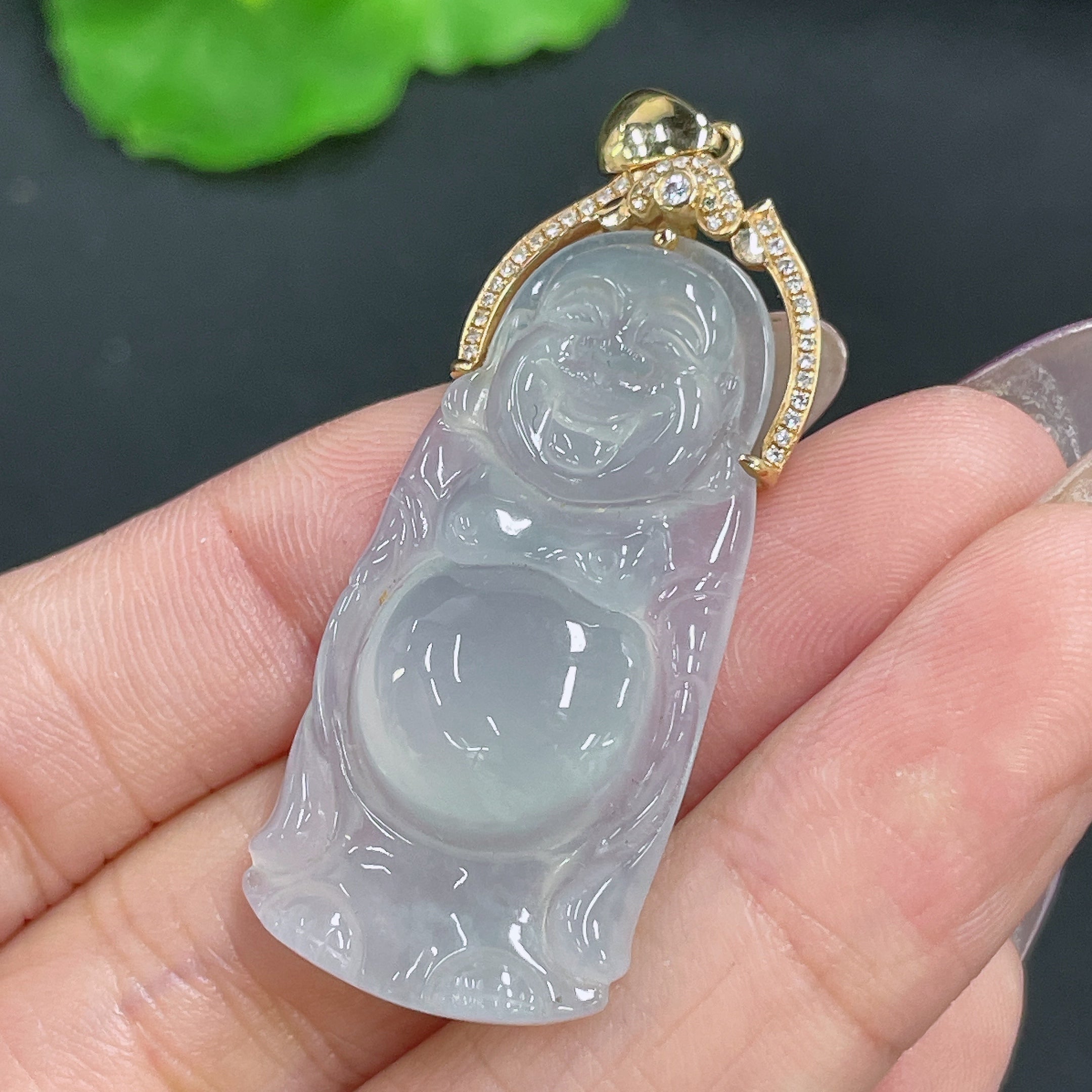 Jadeite Pendant Buddha 18K Gold Inlaid with Diamonds Total Weight Approx. 8.88g