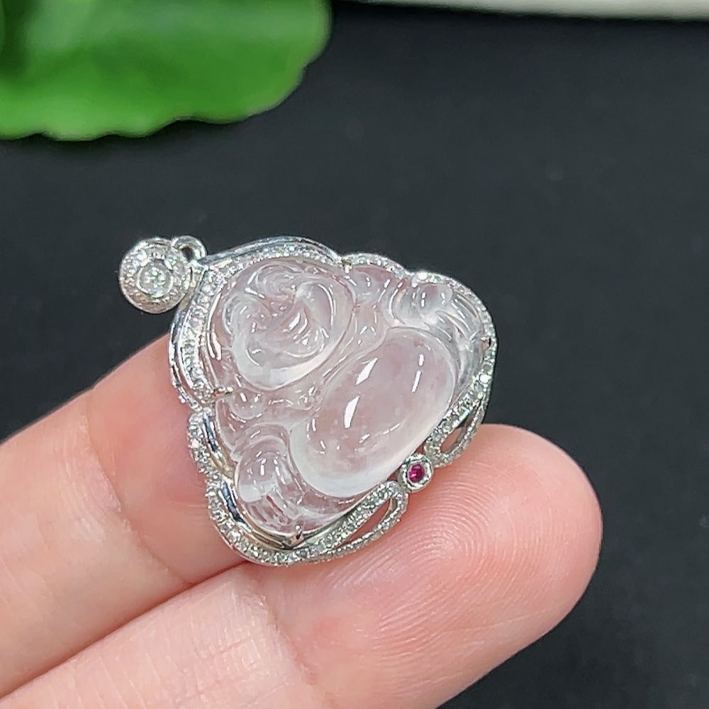 Jadeite Buddha Pendant Set in 18K Gold with Diamond Accents, Total Weight Approx. 3.3g