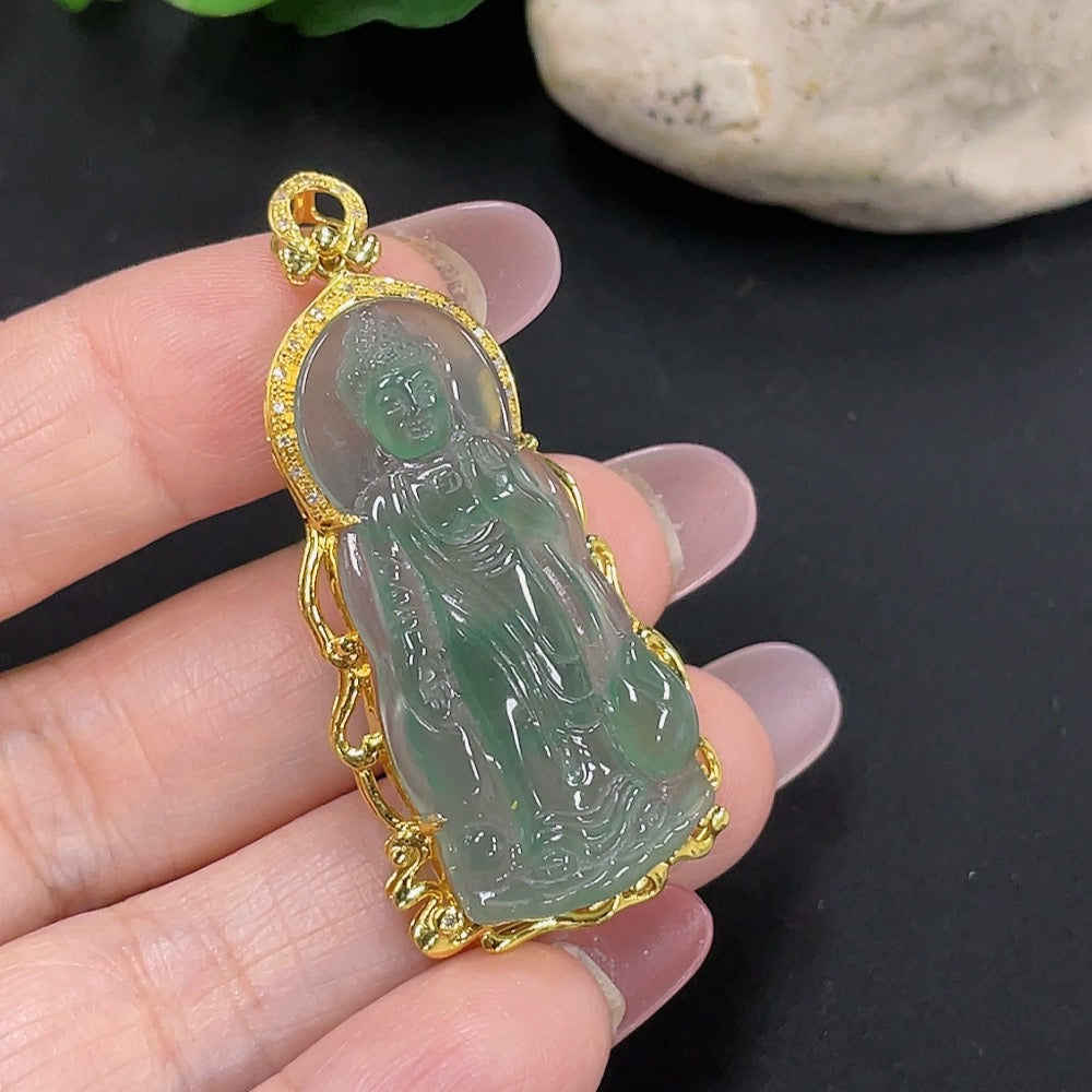Jadeite Buddha Pendant with 18K Gold, Total Weight Approximately 5.9g