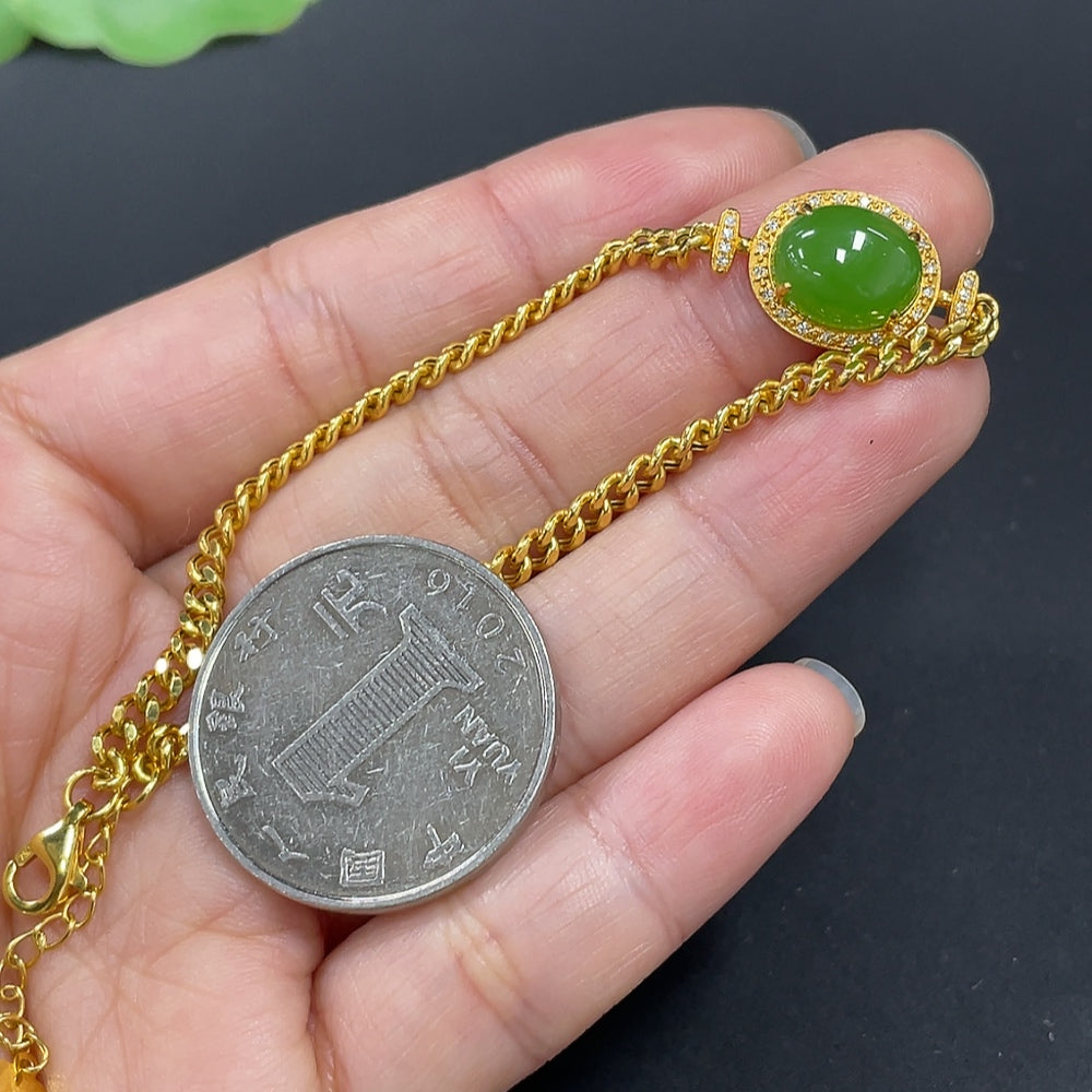 Hetian Jade Jasper Cabochon Inlaid Bracelet, 18K Gold, Total Weight Approx. 3.5g, Diamond Accents