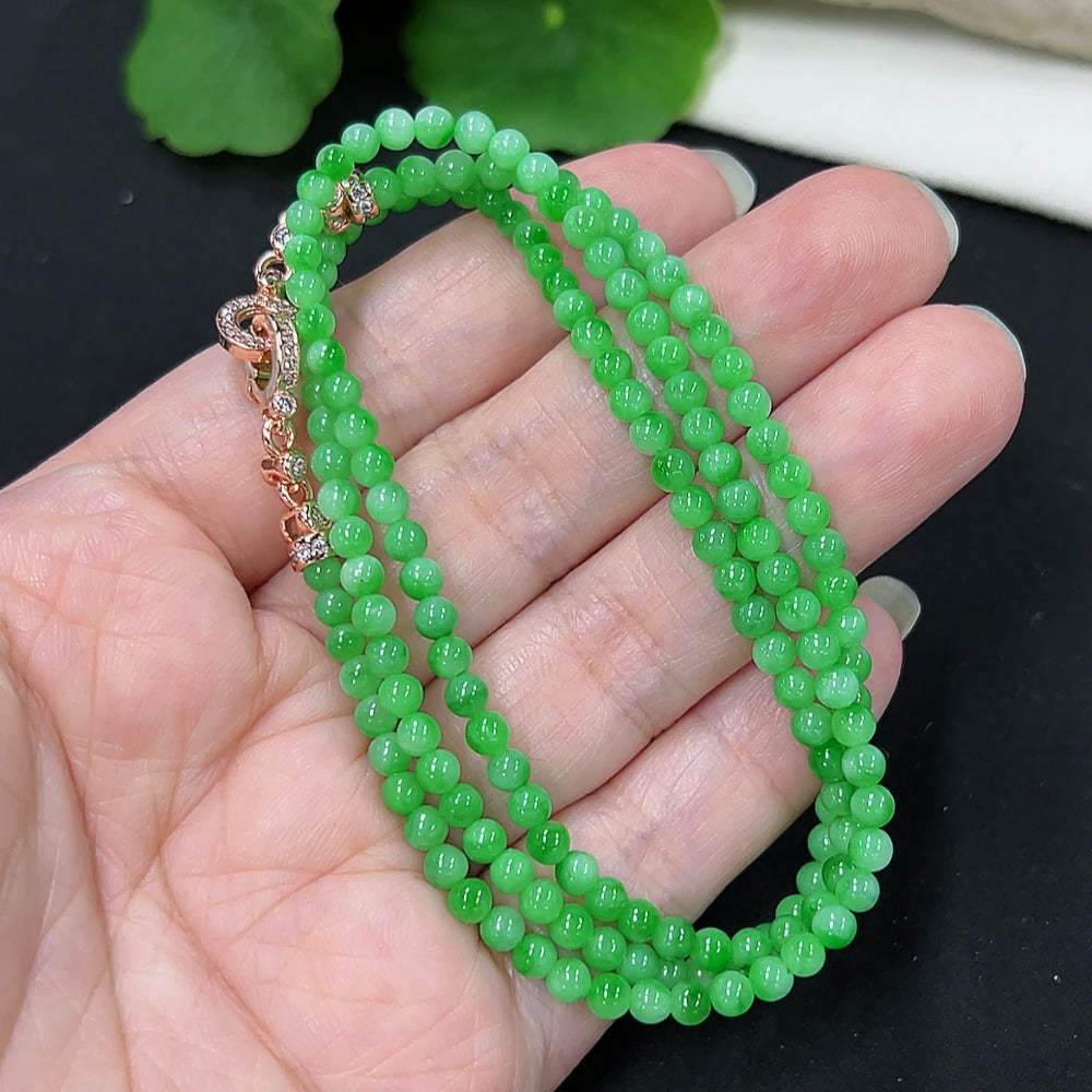 Jadeite bead necklace with 3.4mm beads, weighing approximately 13g, featuring non-gold inlaid jade beads, by HKHQ.