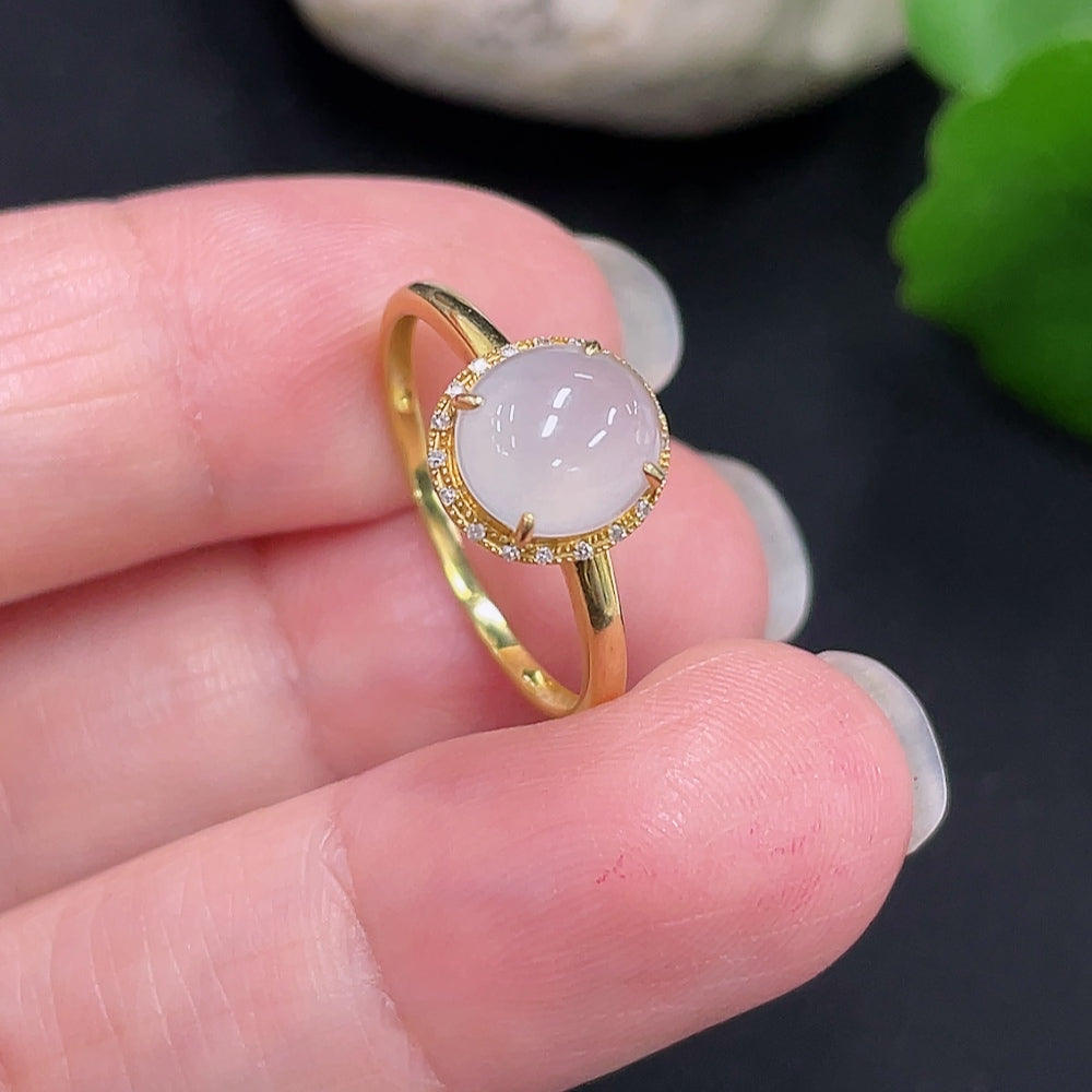 Jadeite Cabochon Ring with 18K Gold Size 14 Total Weight Approx. 1.2g (Accented with Diamonds)