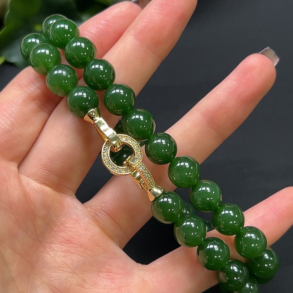 Hetian jade bead necklace by HKHQ featuring 9.6mm non-gold jade beads, approximately 68.36g, displayed on a neutral background.