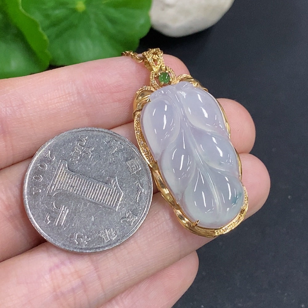 Jadeite Leaf Inlay Pendant 18K Gold with Diamond Accents