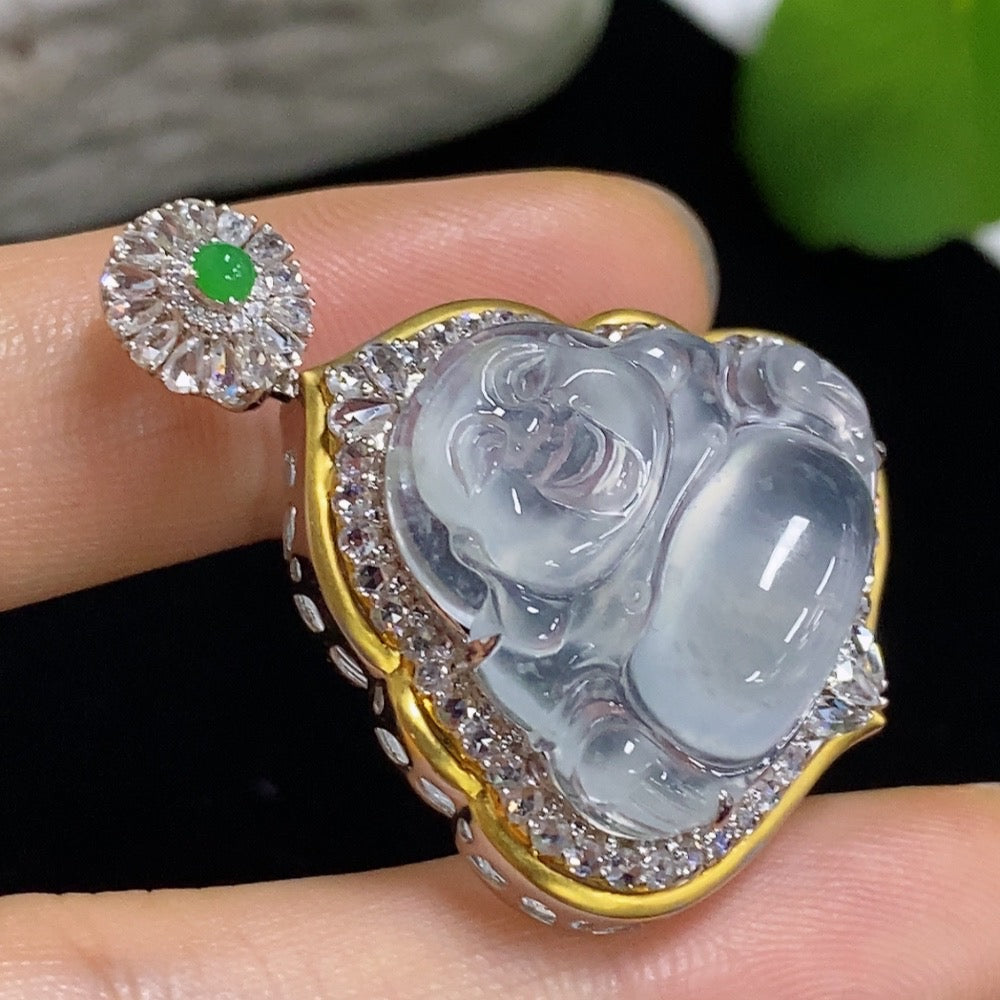Jadeite Buddha pendant necklace with 18K gold and diamond accents, featuring intricate carved jadeite Buddha charm.