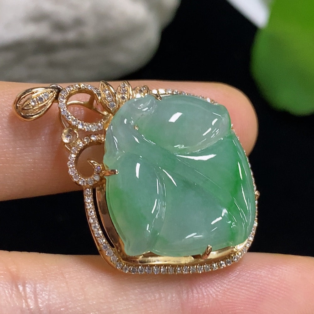 Jadeite Leaf Pendant with 18K Gold and Diamond Accents