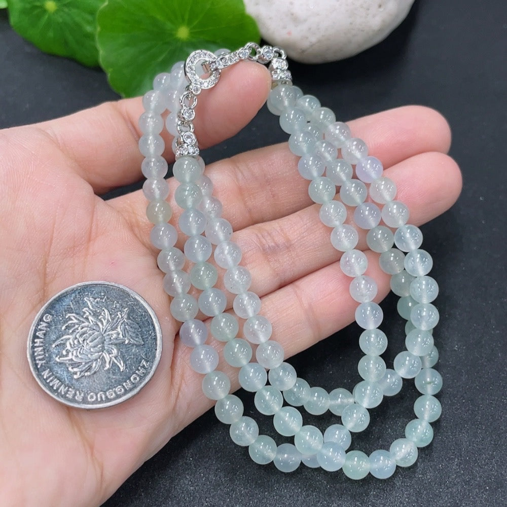 HKHQ jadeite beaded necklace with 5mm jade beads, approximately 25.5g, showcasing smooth, polished jade stones.