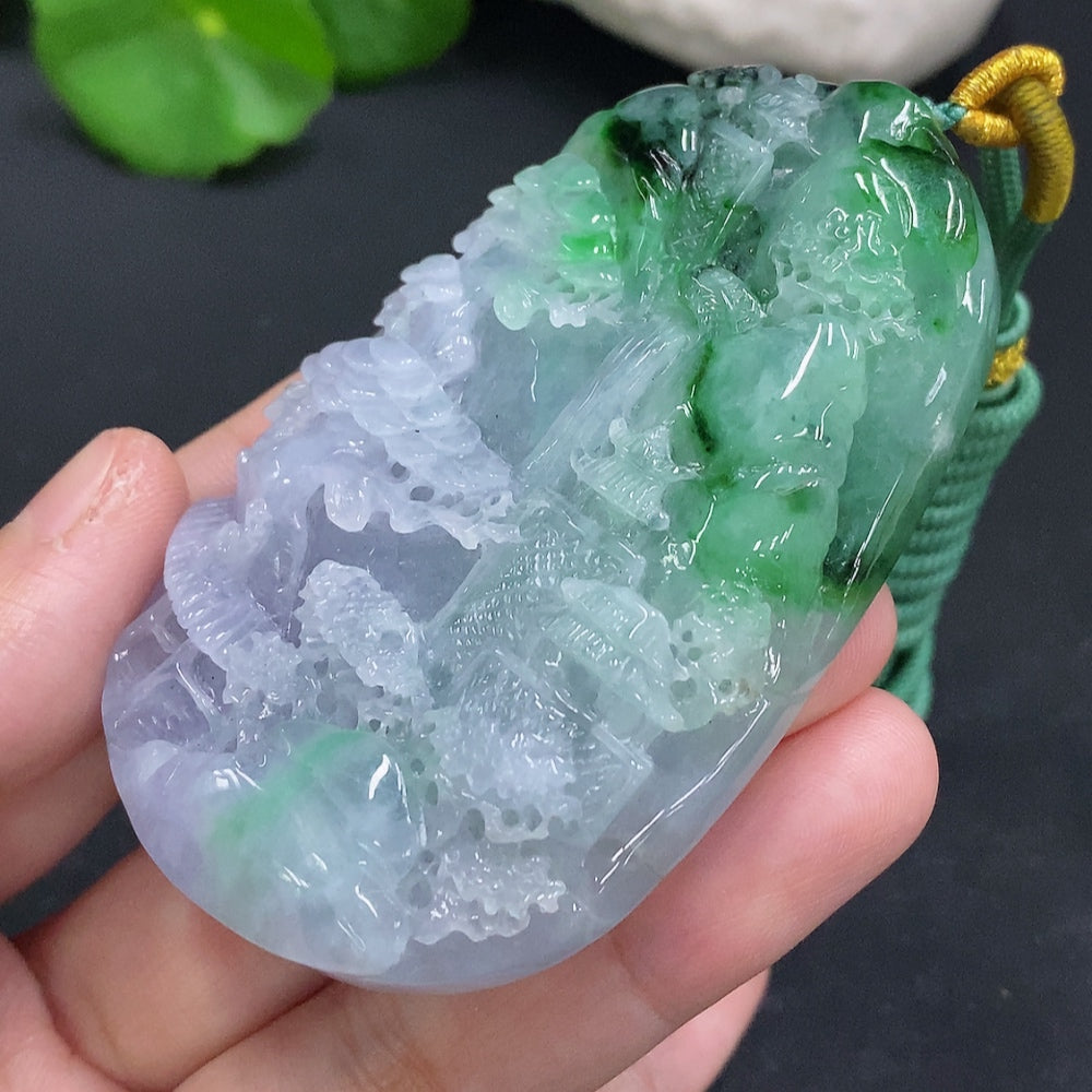 Jadeite Landscape Pendant with Cord Total Weight Approx. 100.5g (Including Other Mineral Components)