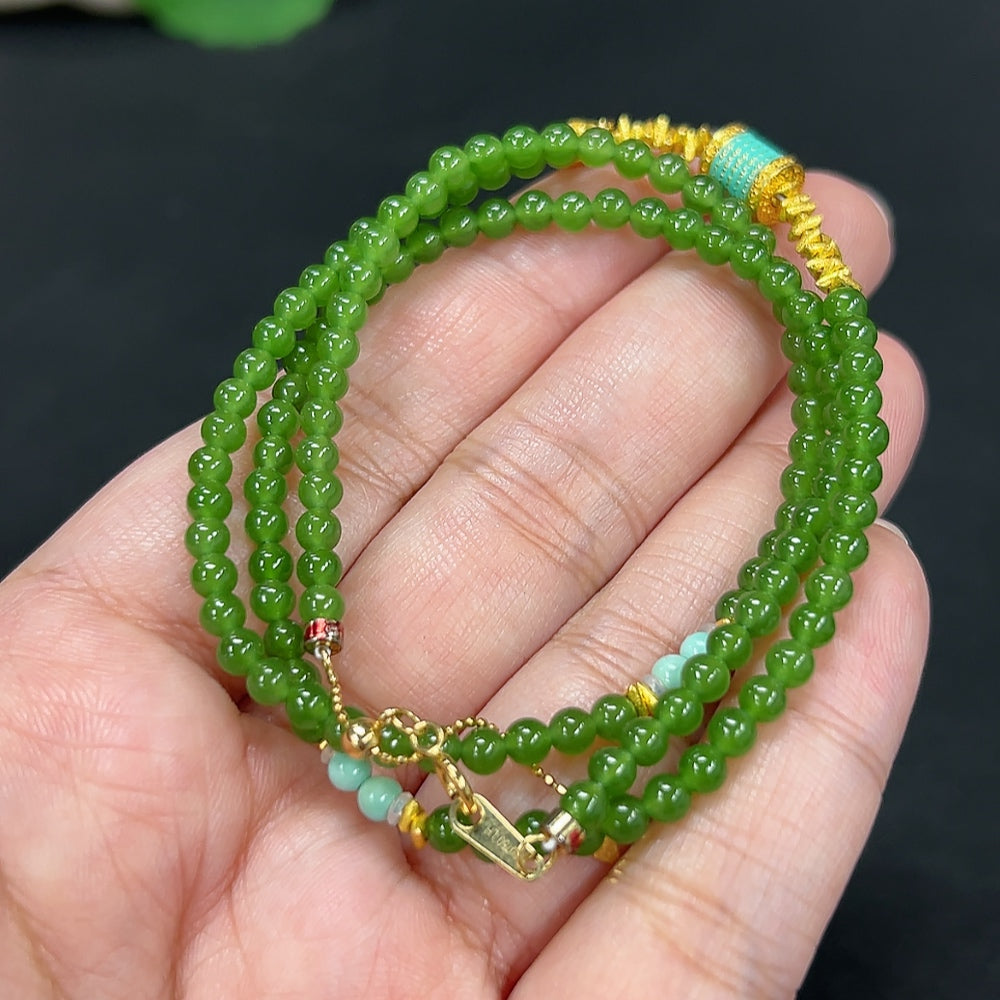 Hetian Jade Jasper Bead Necklace, approx. 3.5mm, total weight approx. 11.4g, marked red non-gold, uncertain color parts, undetectable string, rest 18k, non-Hetian Jade accessory beads
