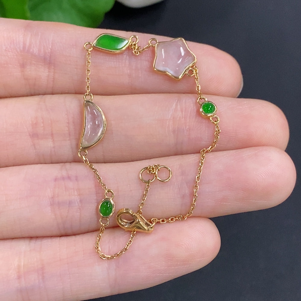 Jadeite bracelet with 18k gold inlay and green non-A grade stones, lightweight jade jewelry by HKHQ, shown on a white background.