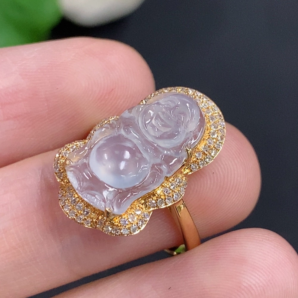 Jadeite Buddha inlay ring 18K Gold with diamonds