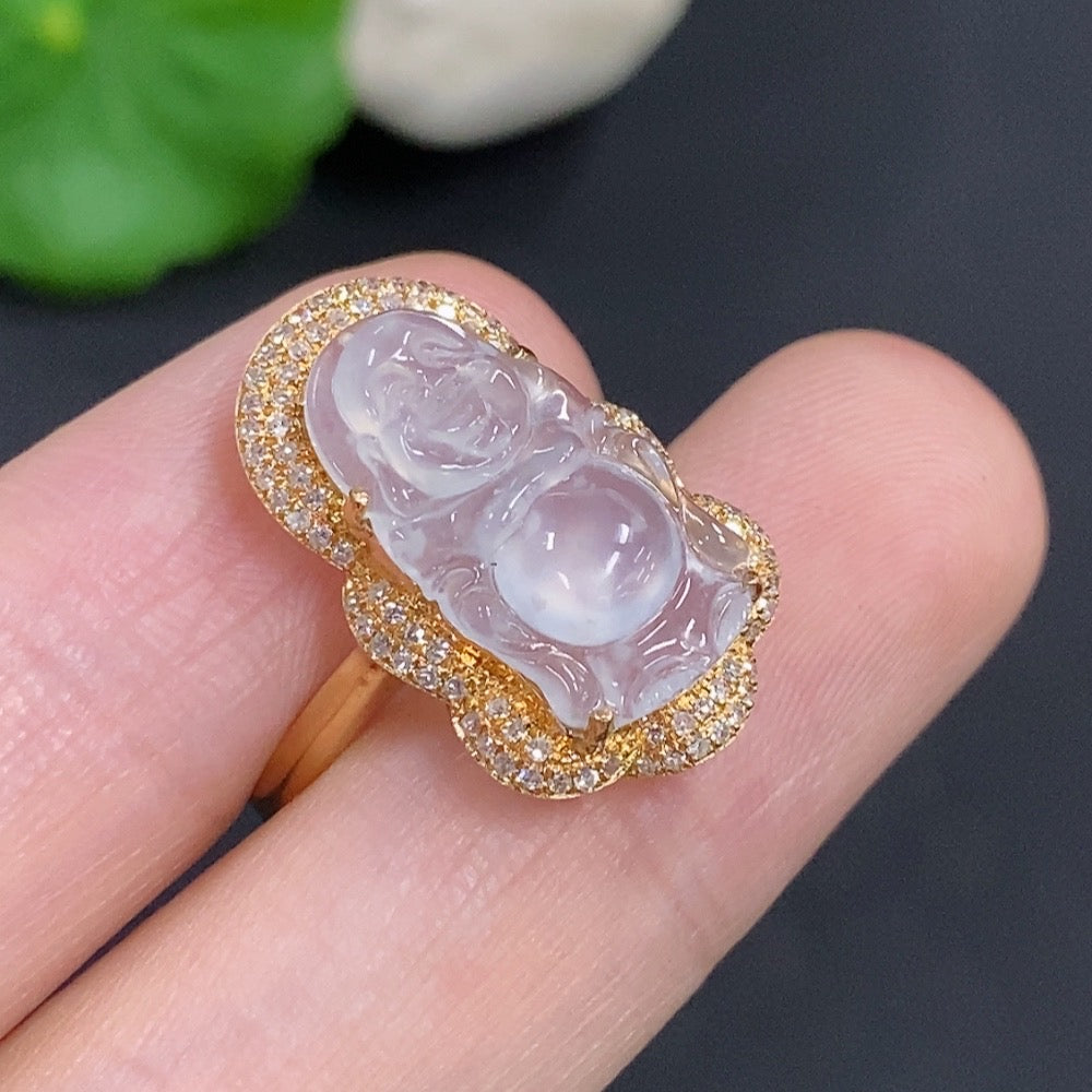 Jadeite Buddha inlay ring 18K Gold with diamonds