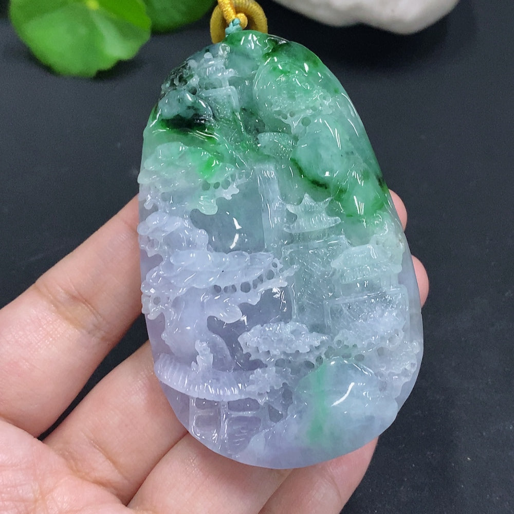 Jadeite Landscape Pendant with Cord Total Weight Approx. 100.5g (Including Other Mineral Components)