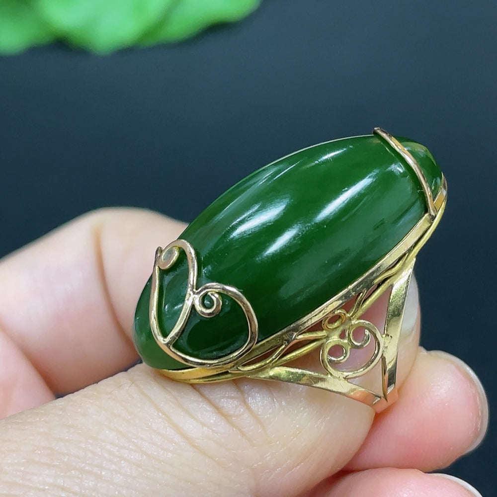 Hetian Jade Cabochon Ring with Tested 75% Gold Setting