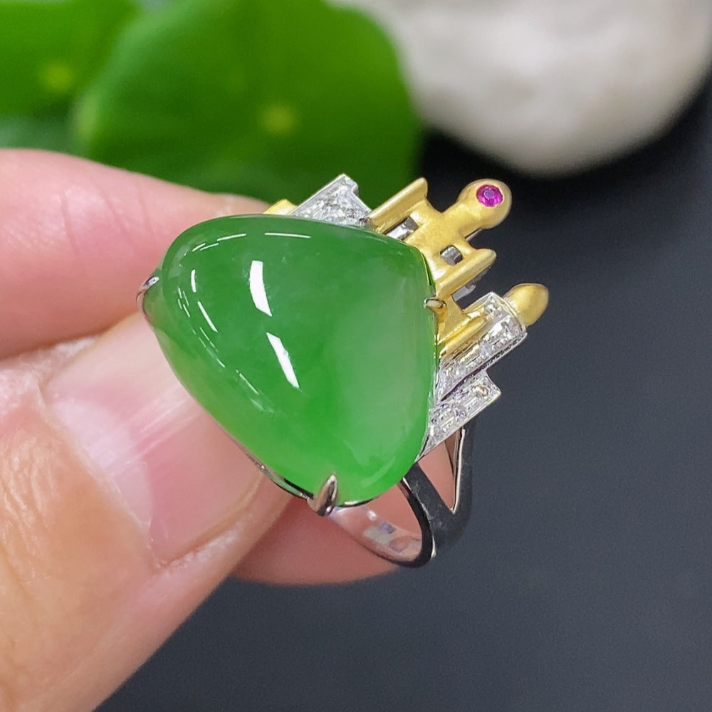Jadeite Inlaid Ring 18K Gold (Colorless Accent Stones are Diamonds)