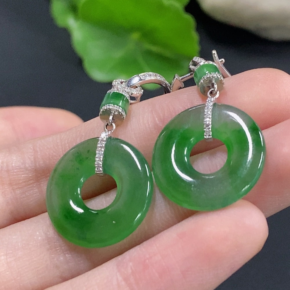 Jadeite donut inlaid earrings with diamond accents in 18k gold, weighing approximately 6.7g, designed by HKHQ.