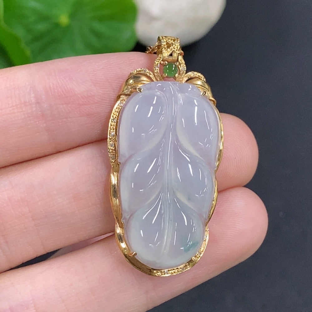 Jadeite Leaf Inlay Pendant 18K Gold with Diamond Accents