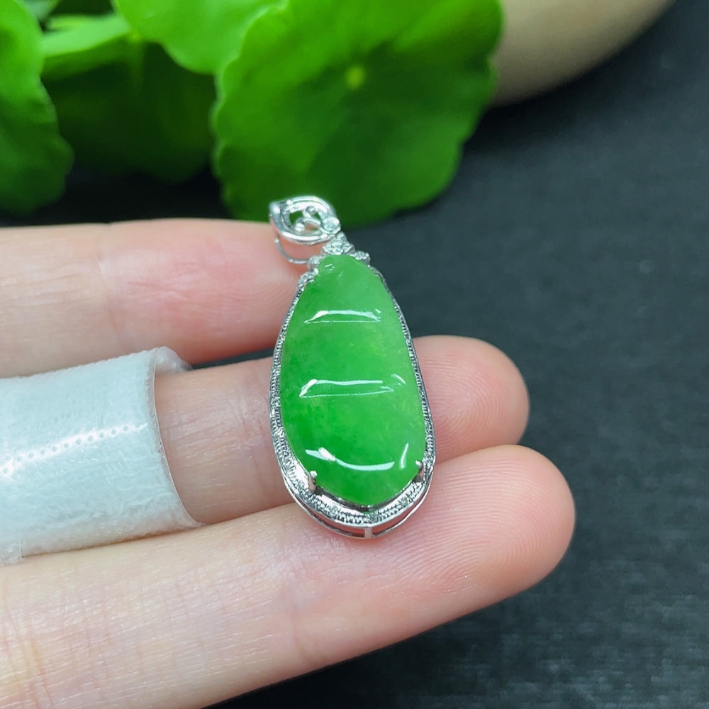 Jadeite Lucky Bean Pendant with 18K Gold and Diamond Accents