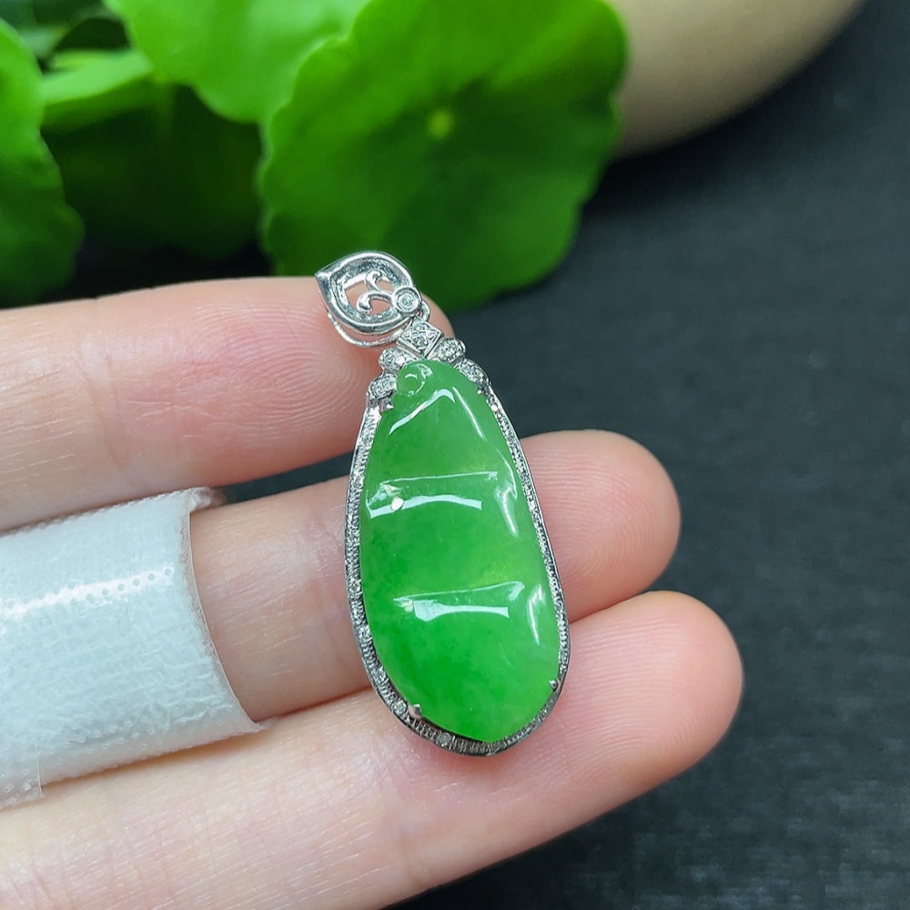 Jadeite Lucky Bean Pendant with 18K Gold and Diamond Accents