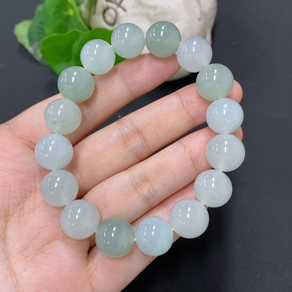 Jadeite bead necklace with 12.7mm jade beads, total weight 58g, featuring smooth, polished jade beads from HKHQ.