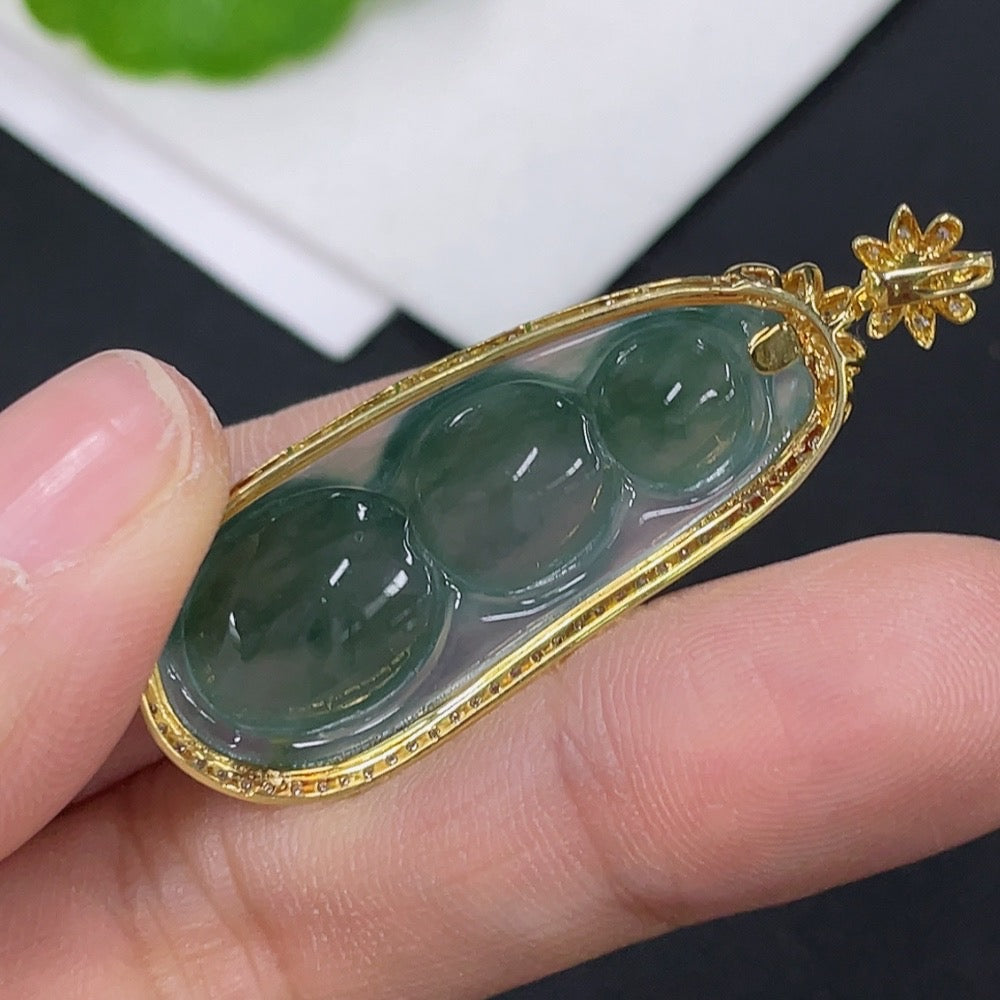 Jadeite Inlaid Lucky Bean Pendant 18k with Diamond Accents Total Weight Approx. 5.04g