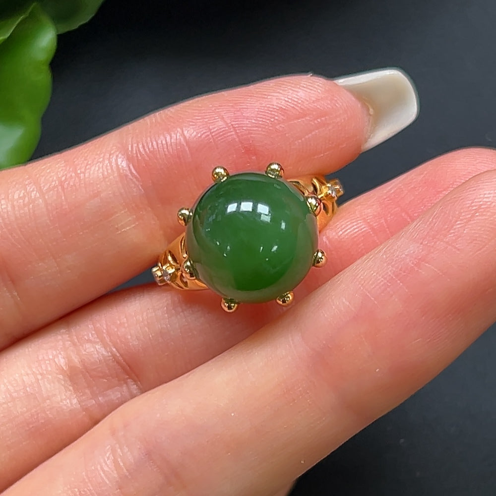 Hetian Jade Round Bead Ring with 18K Gold and Diamond Accents