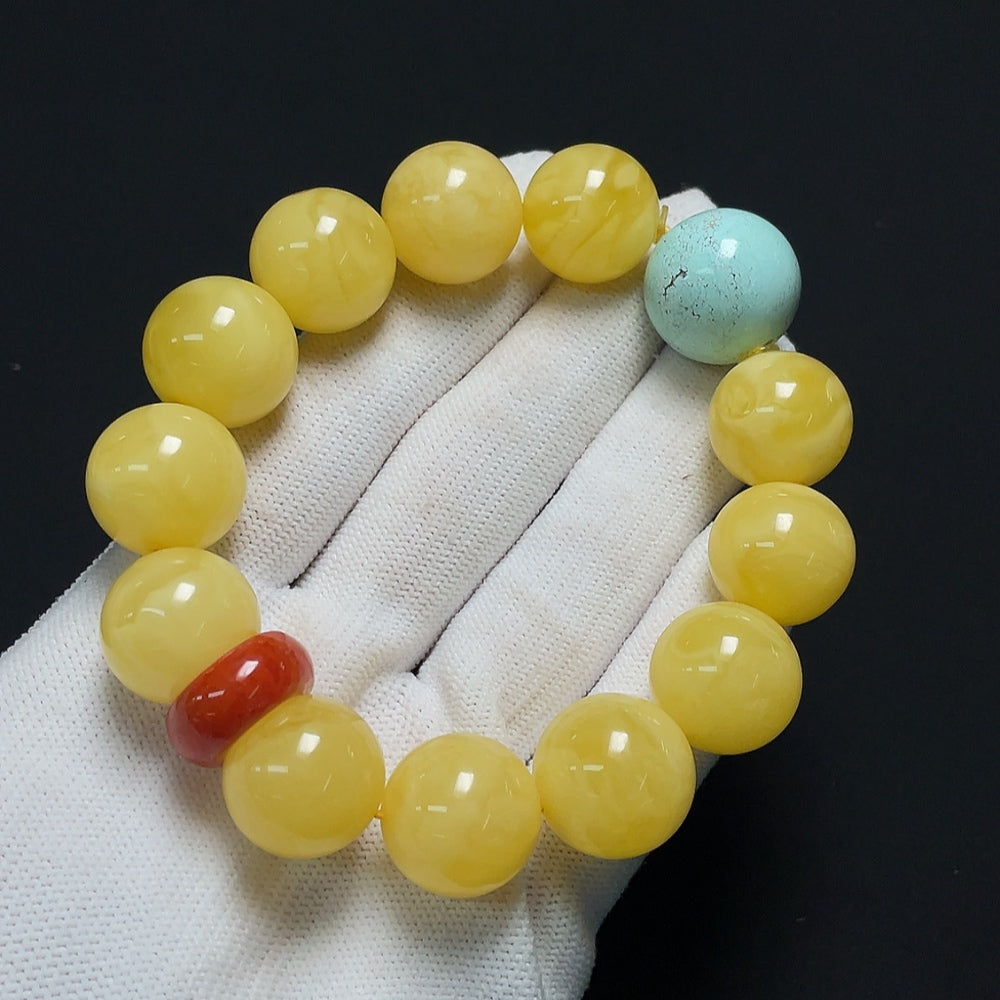 Amber Beeswax Bracelet with Turquoise, Containing Other Mineral Components + Southern Red Agate, Visible Organic Matter, Size About 16.3mm