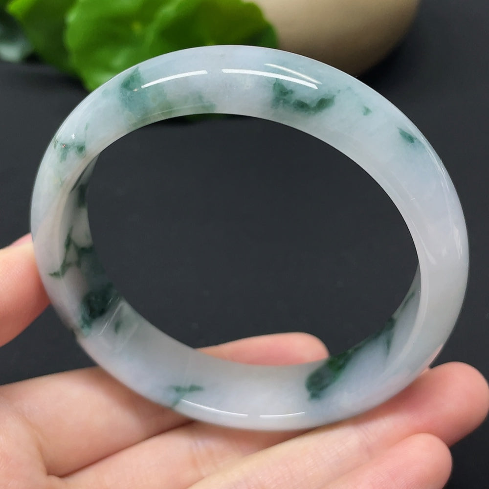 HKHQ jadeite round bangle with mineral components, weight 54.31g, size 57.9mm, showcasing smooth, polished jadeite surface.
