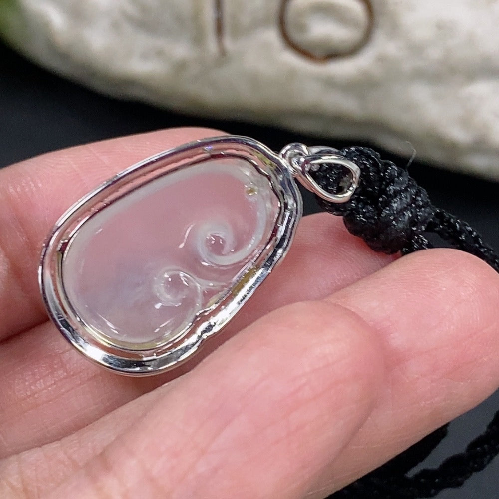 Jadeite Ruyi pendant with 18k gold and diamond accents, featuring intricate inlay work and a rope chain, weighing 5.26 grams.