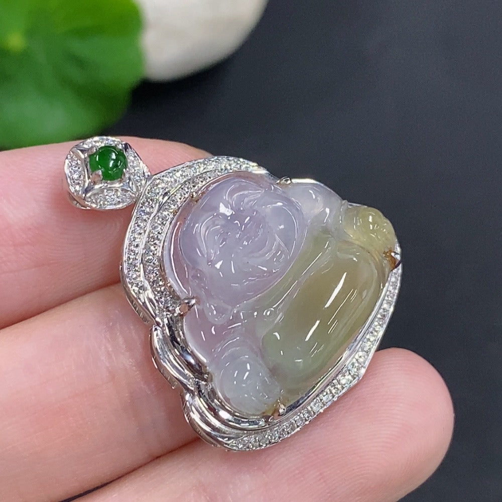 Jadeite Buddha Pendant with 18k Gold and Diamond Accents, Total Weight Approximately 5.2g