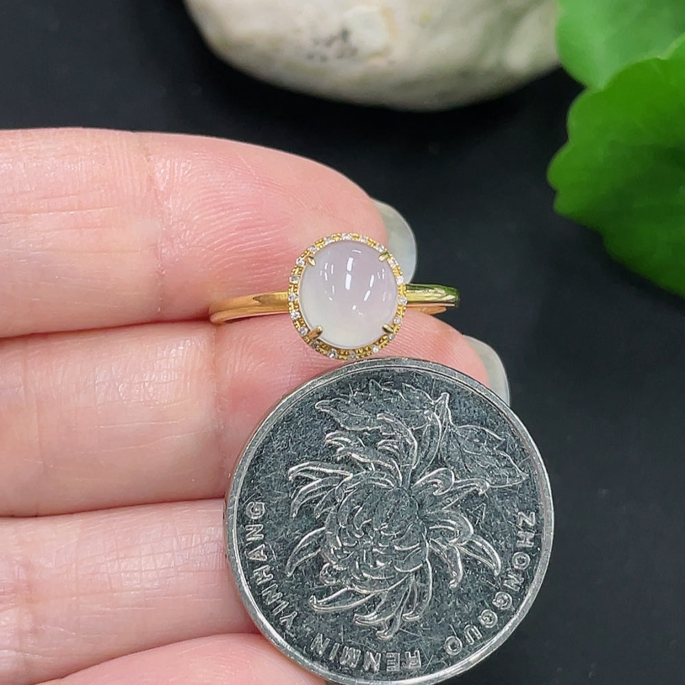Jadeite Cabochon Ring with 18K Gold Size 14 Total Weight Approx. 1.2g (Accented with Diamonds)