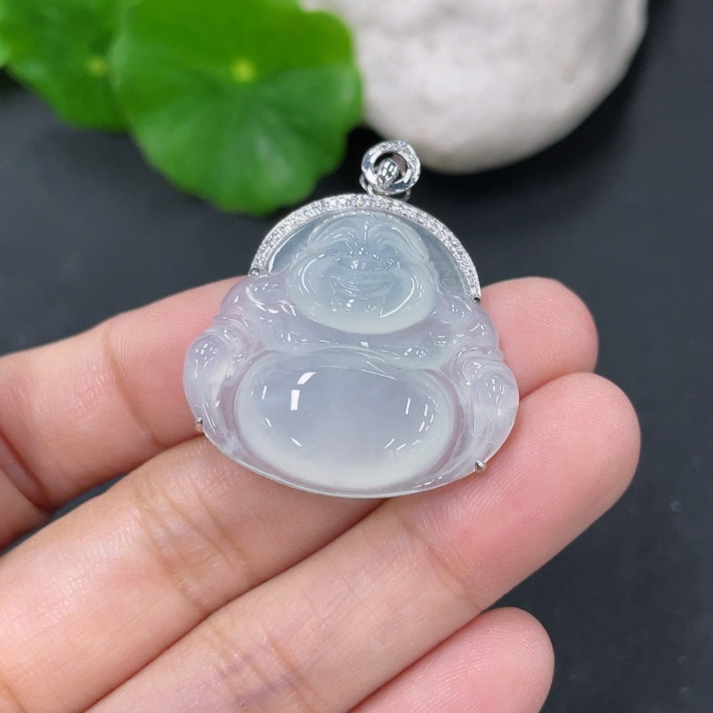 Jadeite Pendant Buddha with 18k Gold and Diamond Accents, Total Weight Approx. 6.75g