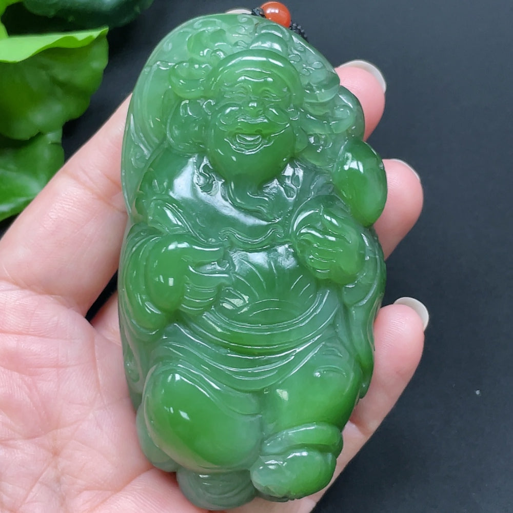HKHQ Hetian Jade Buddha handheld piece with rope, weighing approximately 190.73g, featuring smooth jade surface and detailed craftsmanship.