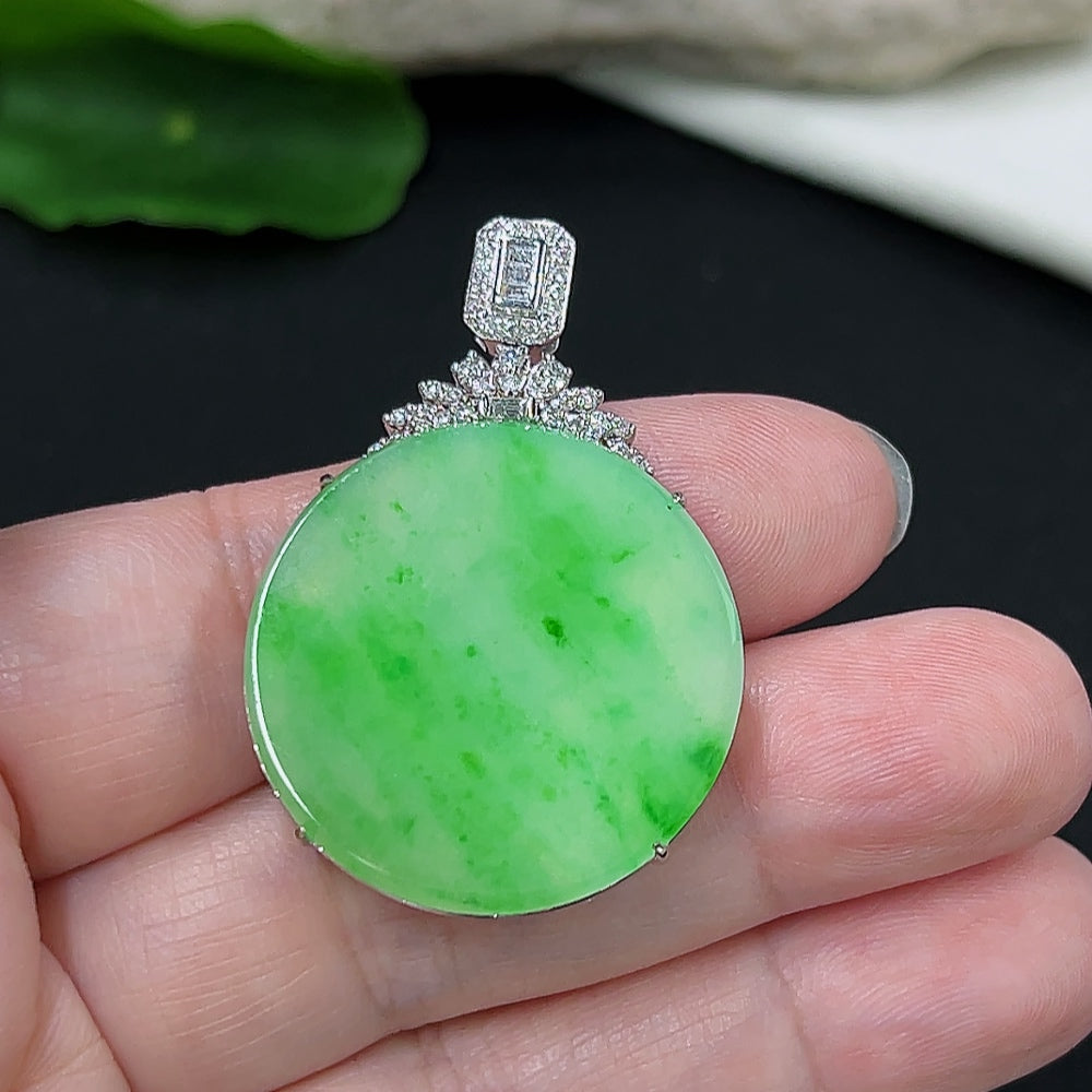 Jadeite Plain Pendant Necklace 18K Gold Setting with Diamond Accents