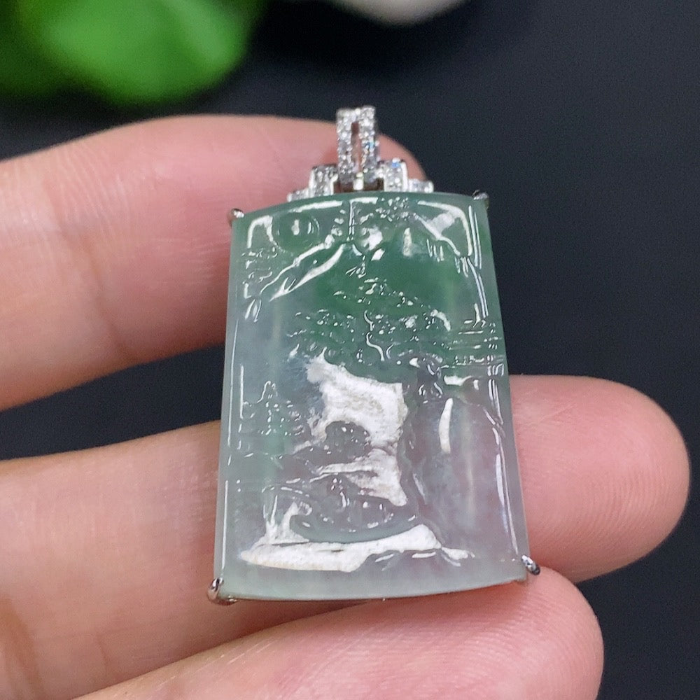 Jadeite Landscape Inlaid Pendant 18K Gold Total Weight Approx. 4.9g