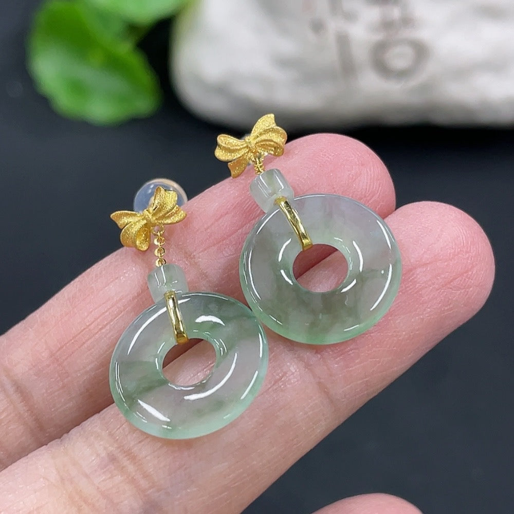 Jadeite donut inlaid earrings pair 18k gold inlaid total weight approx. 2.76g (excluding ear stoppers)