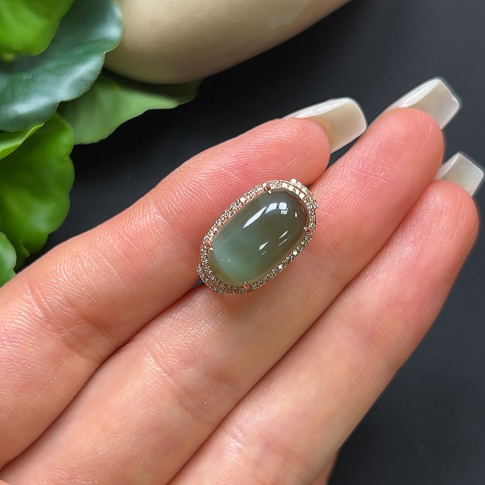 Hetian Jade Inlaid Ring 18K Gold with Diamond Accents