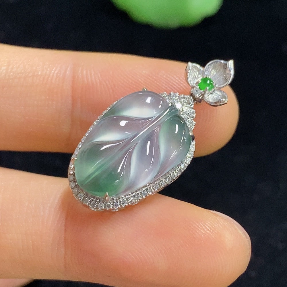 Jadeite Leaf Inlaid Pendant 18k with Diamond Accents Total Weight Approximately 2.53g