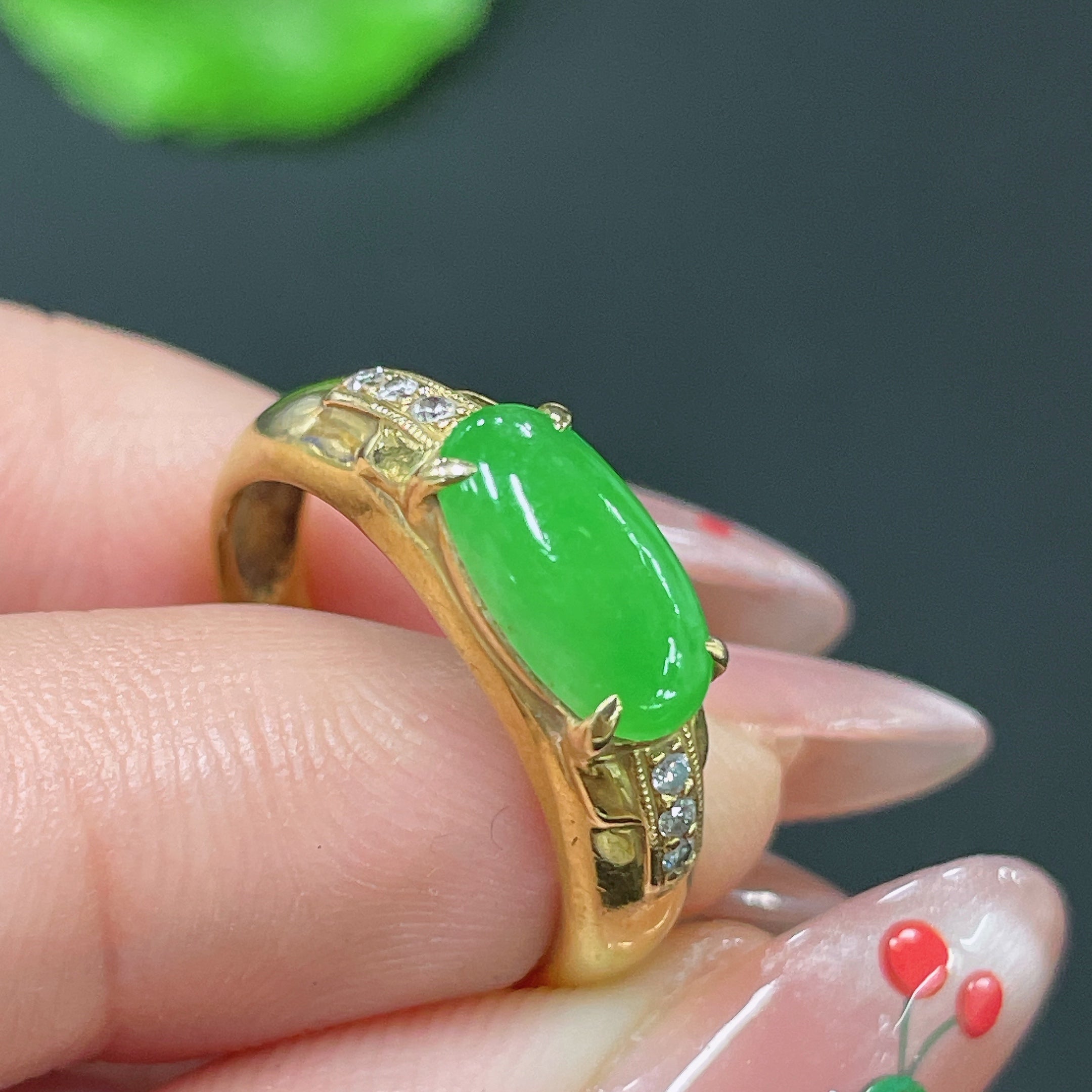 Jadeite Ring 18k Gold Set with Diamond, Total Weight Approx. 3.63g, Size 12