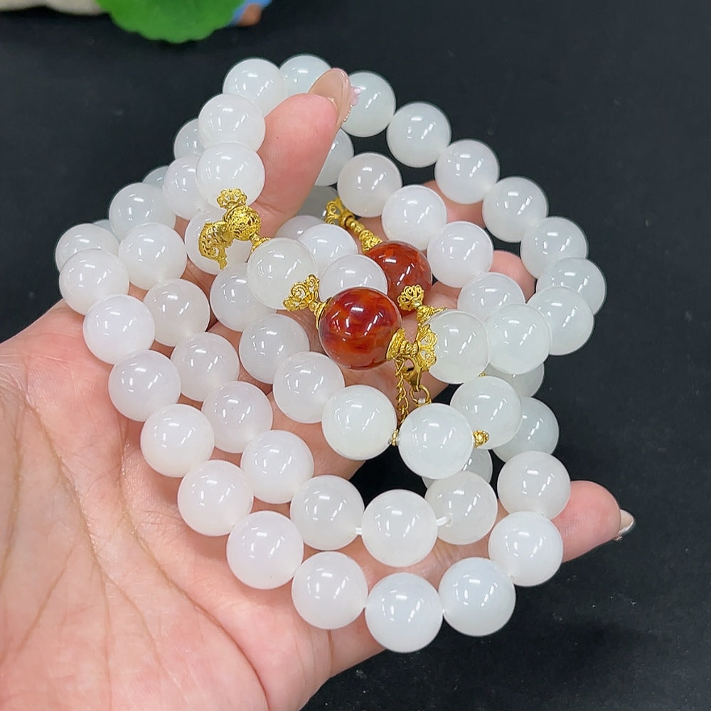Hetian Jade Bracelet + Bead Chain, Approx. 11.9/11.8mm, Total Weight Approx. 184.1g, Bead Chain 18k, Bracelet Unmarked, Gold Content Tested 18k, Sold as a Set